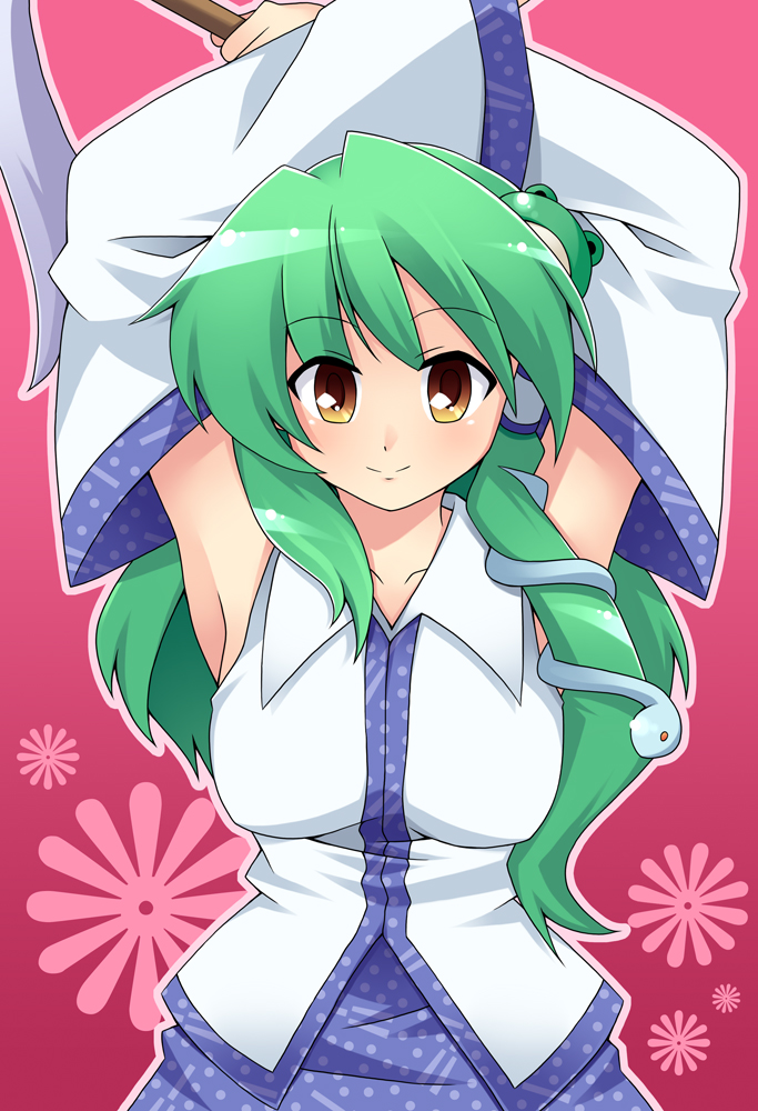 pure (artist), pure (kawamoto nami), kochiya sanae, touhou, 1girl, armpits, breasts, detached sleeves, female focus, frog, green hair, long hair, smile, snake, solo, yellow eyes