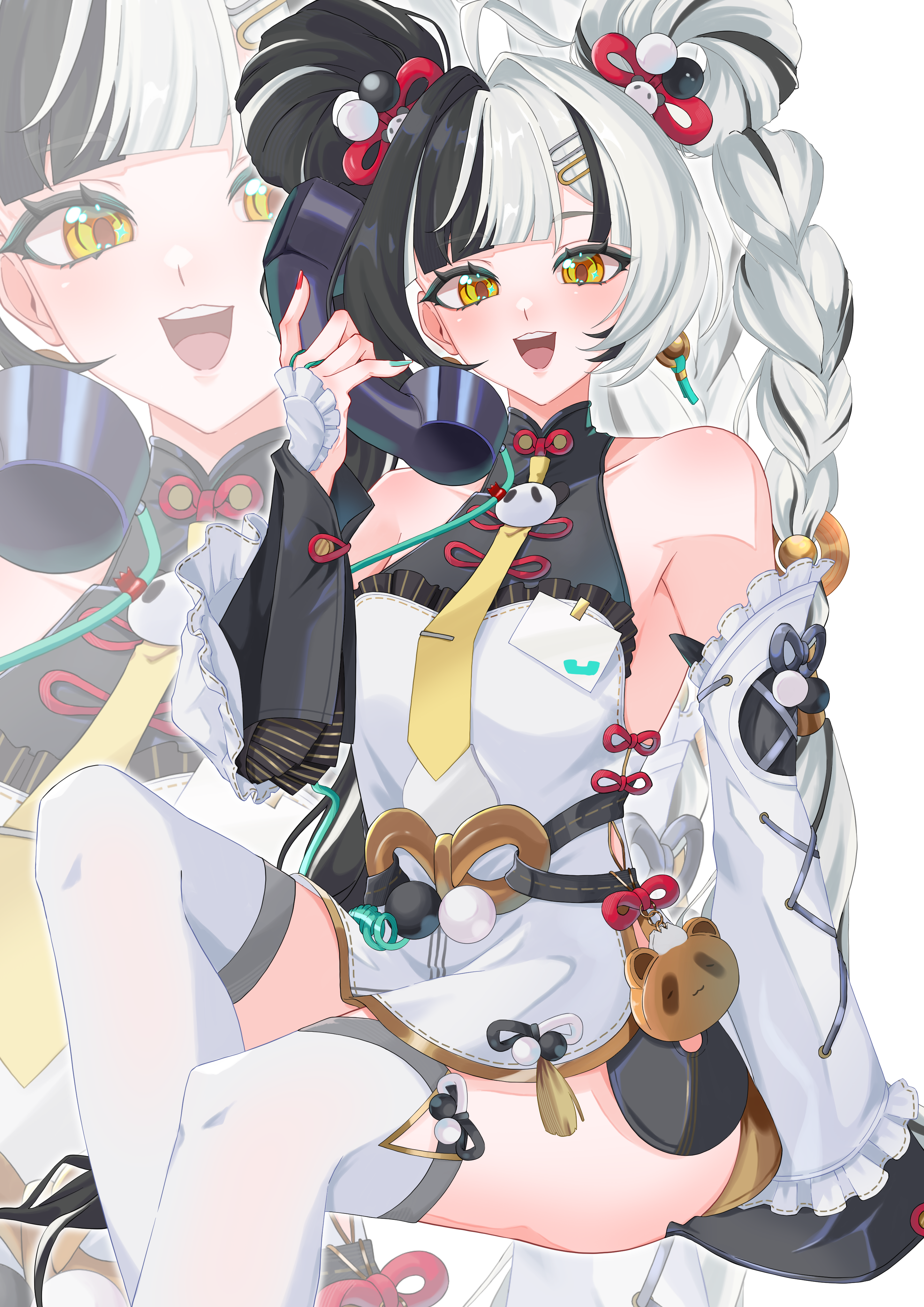 dialyn (zenless zone zero), zenless zone zero, absurdres, commentary request, highres, 1girl, ashimi fugo, bare shoulders, black hair, braid, breasts, detached sleeves, looking at viewer, medium breasts, multicolored hair, nail polish, necktie, open mouth, phone, smile, solo, split-color hair, thighhighs, twin braids, upper body, white hair, white thighhighs, yellow eyes, yellow necktie