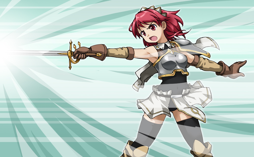rohitsuka, cecily cambell, seiken no blacksmith, bad id, bad pixiv id, 00s, aria (magic sword), aria (sword), armor, elbow gloves, gloves, leotard, red eyes, red hair, solo, sword, thighhighs, weapon