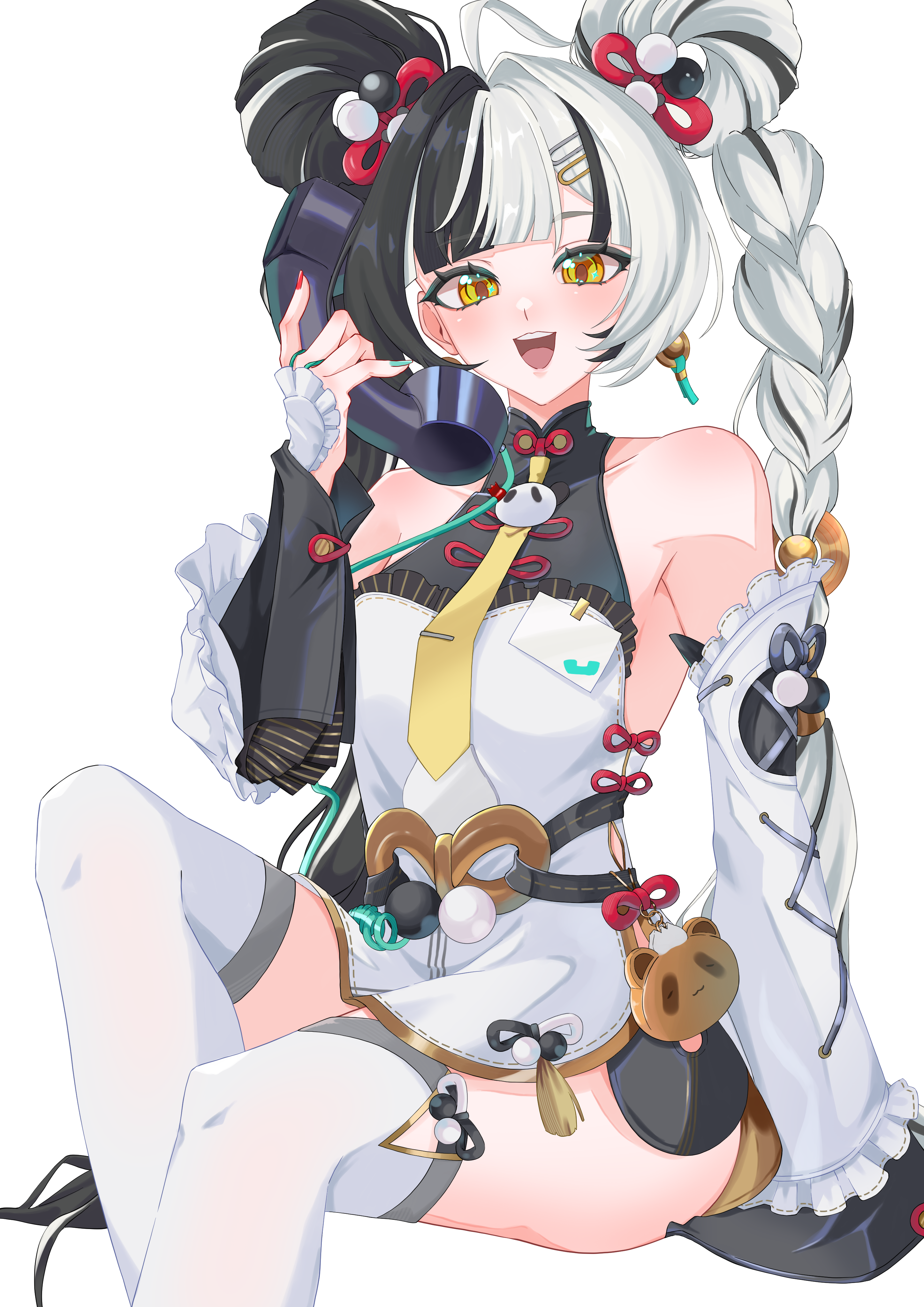 dialyn (zenless zone zero), zenless zone zero, absurdres, commentary request, highres, 1girl, ashimi fugo, bare shoulders, black hair, braid, breasts, detached sleeves, looking at viewer, medium breasts, multicolored hair, nail polish, necktie, open mouth, phone, smile, solo, split-color hair, thighhighs, twin braids, upper body, white hair, white thighhighs, yellow eyes, yellow necktie