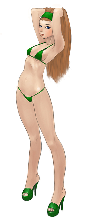 kano-kun, original, long image, tall image, 1girl, bikini, blue eyes, breasts, brown hair, female focus, full body, high heels, micro bikini, navel, shoes, simple background, small breasts, solo, swimsuit, white background