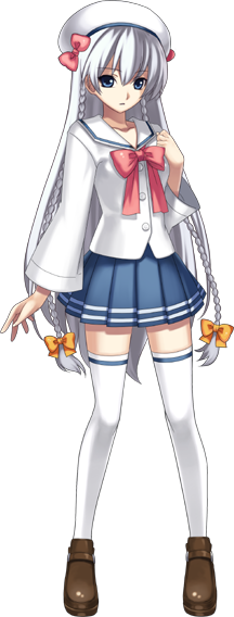 hirano katsuyuki, shurelia (ar tonelico), ar tonelico, ar tonelico i, cross edge, gust, official art, 00s, 1girl, alternate costume, beret, blue eyes, bow, braid, female focus, full body, hair bow, hat, loafers, long hair, pleated skirt, sailor collar, scarf, school uniform, shoes, skirt, solo, standing, thighhighs, transparent background, twin braids, very long hair, white hair, white thighhighs, zettai ryouiki