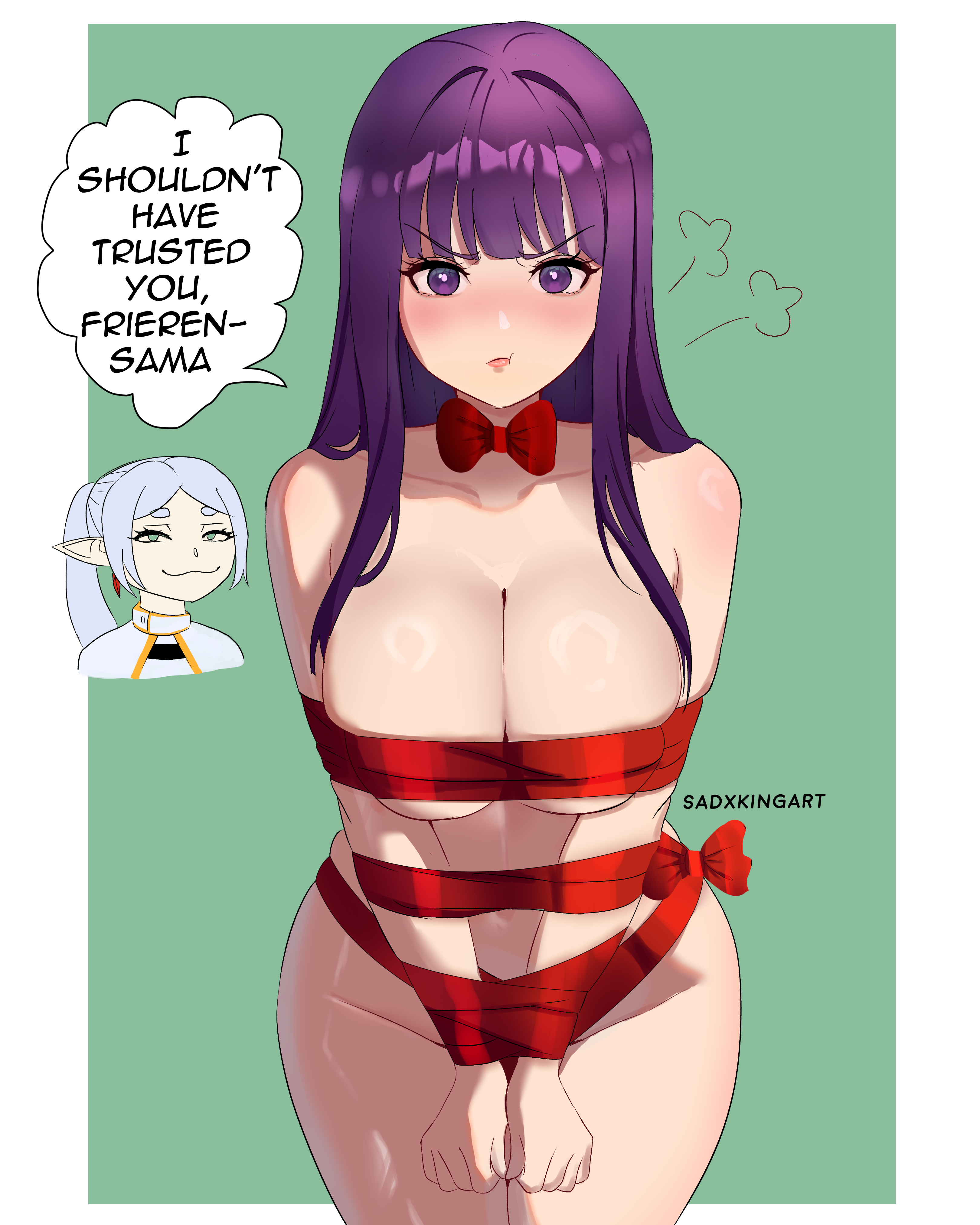 sadxkingart, fern (sousou no frieren), frieren, sousou no frieren, absurdres, highres, 2girls, blunt bangs, blush, breasts, christmas present, closed mouth, cowboy shot, dress, earrings, elf, gift, jewelry, large breasts, long hair, looking at viewer, multiple girls, pointy ears, pout, purple eyes, purple hair, purple pupils, simple background, standing, straight hair, teardrop earrings, white dress