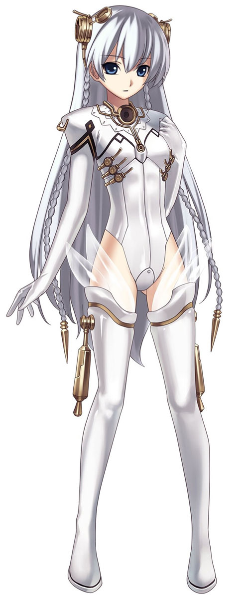 hirano katsuyuki, shurelia (ar tonelico), ar tonelico, ar tonelico i, cross edge, gust, highres, official art, 00s, 1girl, blue eyes, bodysuit, boots, braid, breasts, clenched hand, female focus, full body, gloves, hair ornament, hand on own chest, leotard, long hair, looking at viewer, parted lips, see-through clothes, simple background, small breasts, solo, standing, thigh boots, thighhighs, twin braids, very long hair, white background, white boots, white hair, white thighhighs