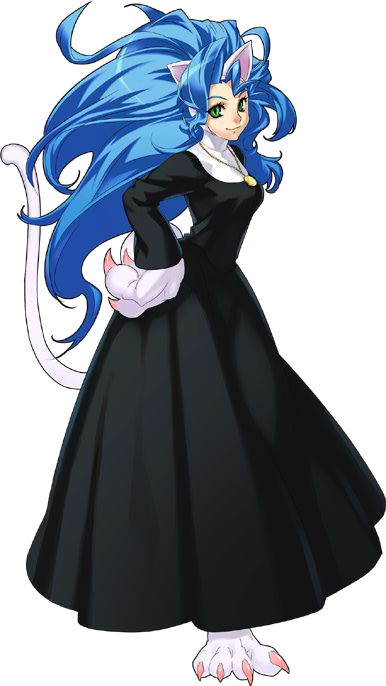 nakamura tatsunori, felicia (darkstalkers), capcom, cross edge, darkstalkers, habit, official art, 1girl, animal ears, animal hands, big hair, blue hair, cat ears, cat girl, cat tail, claws, dress, female focus, full body, green eyes, hand on own hip, hip focus, jewelry, long hair, long skirt, necklace, nun, official alternate costume, pendant, skirt, smile, solo, standing, tail, transparent background, very long hair