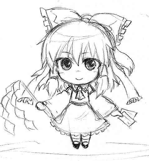 fuyumura asuki, hakurei reimu, touhou, graphite (medium), traditional media, 1girl, bow, chibi, detached sleeves, female focus, full body, gohei, greyscale, japanese clothes, miko, monochrome, ofuda, ribbon, sketch, smile, solo, white background