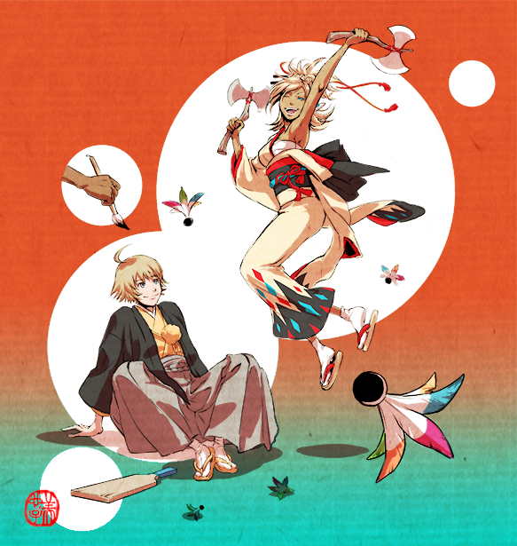 katou miyako, johnny garland, shania, shadow hearts, shadow hearts from the new world, hashtag-only commentary, 1boy, 1girl, ahoge, blonde hair, blue eyes, braid, breasts, closed mouth, dark skin, feather hair ornament, feathers, full body, green eyes, hair ornament, high ponytail, holding, holding weapon, jewelry, native american, new year, one eye closed, open mouth, paintbrush, ponytail, short hair, short ponytail, smile, weapon, white hair, wide sleeves