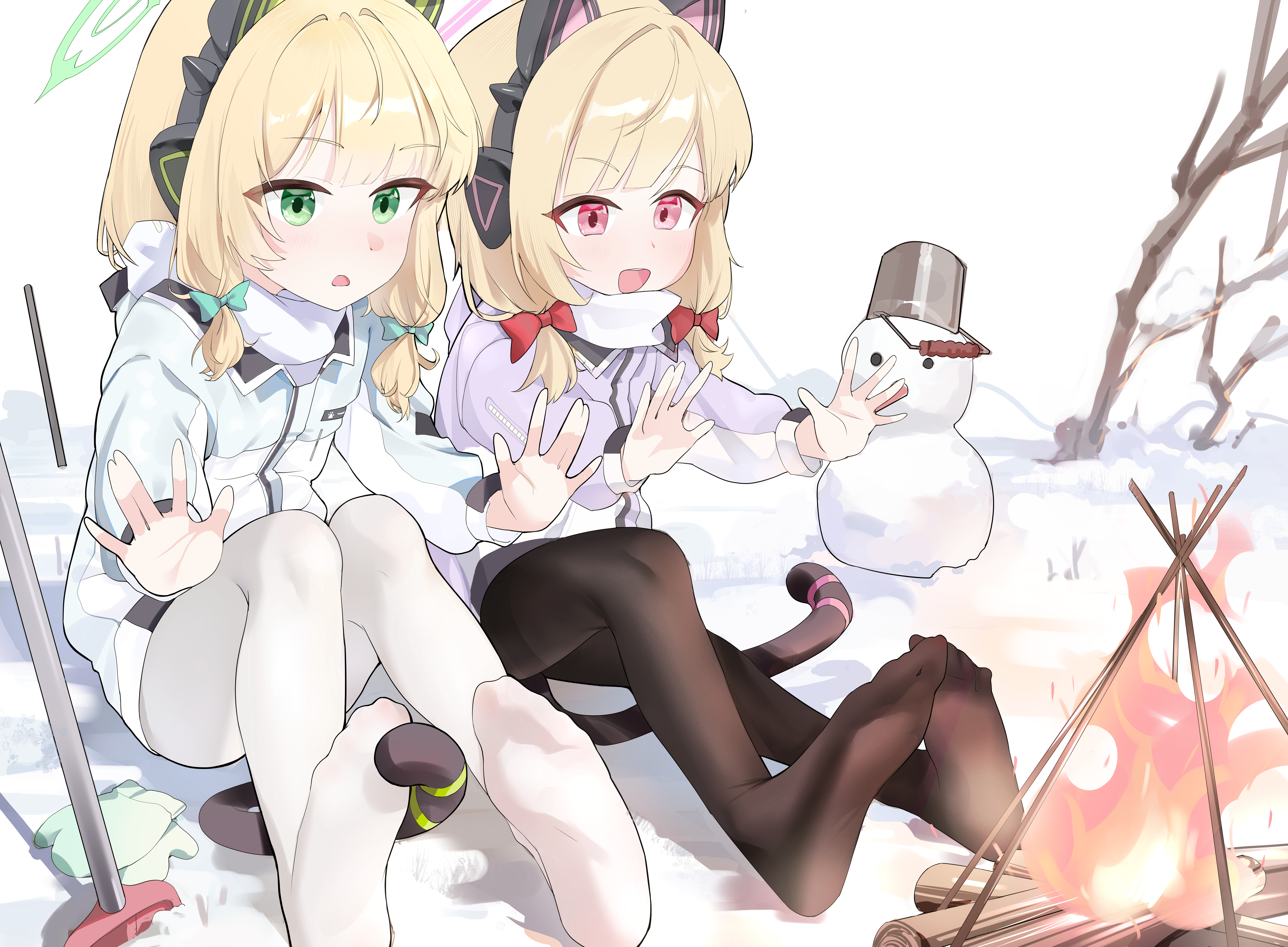 weeyi, midori (blue archive), momoi (blue archive), blue archive, absurdres, highres, 2girls, animal ear headphones, animal ears, black pantyhose, blonde hair, bow, bucket, cat ear headphones, cat ears, cat tail, coat, fake animal ears, fake tail, feet, fire, green eyes, hair bow, halo, headphones, jacket, legs, long sleeves, multiple girls, no shoes, open mouth, outdoors, pantyhose, pink eyes, red eyes, scarf, short hair, siblings, sidelocks, sisters, sitting, smile, snow, snowman, soles, tail, toes, twins, white jacket, winter clothes