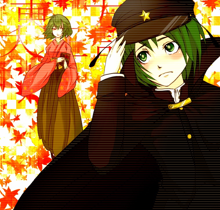 tokatokato, kazami yuuka, wriggle nightbug, touhou, 2girls, androgynous, antennae, blush, bob cut, cape, female focus, green eyes, green hair, hat, japanese clothes, leaf, maple leaf, military, military uniform, multiple girls, red eyes, reverse trap, short hair, star (symbol)