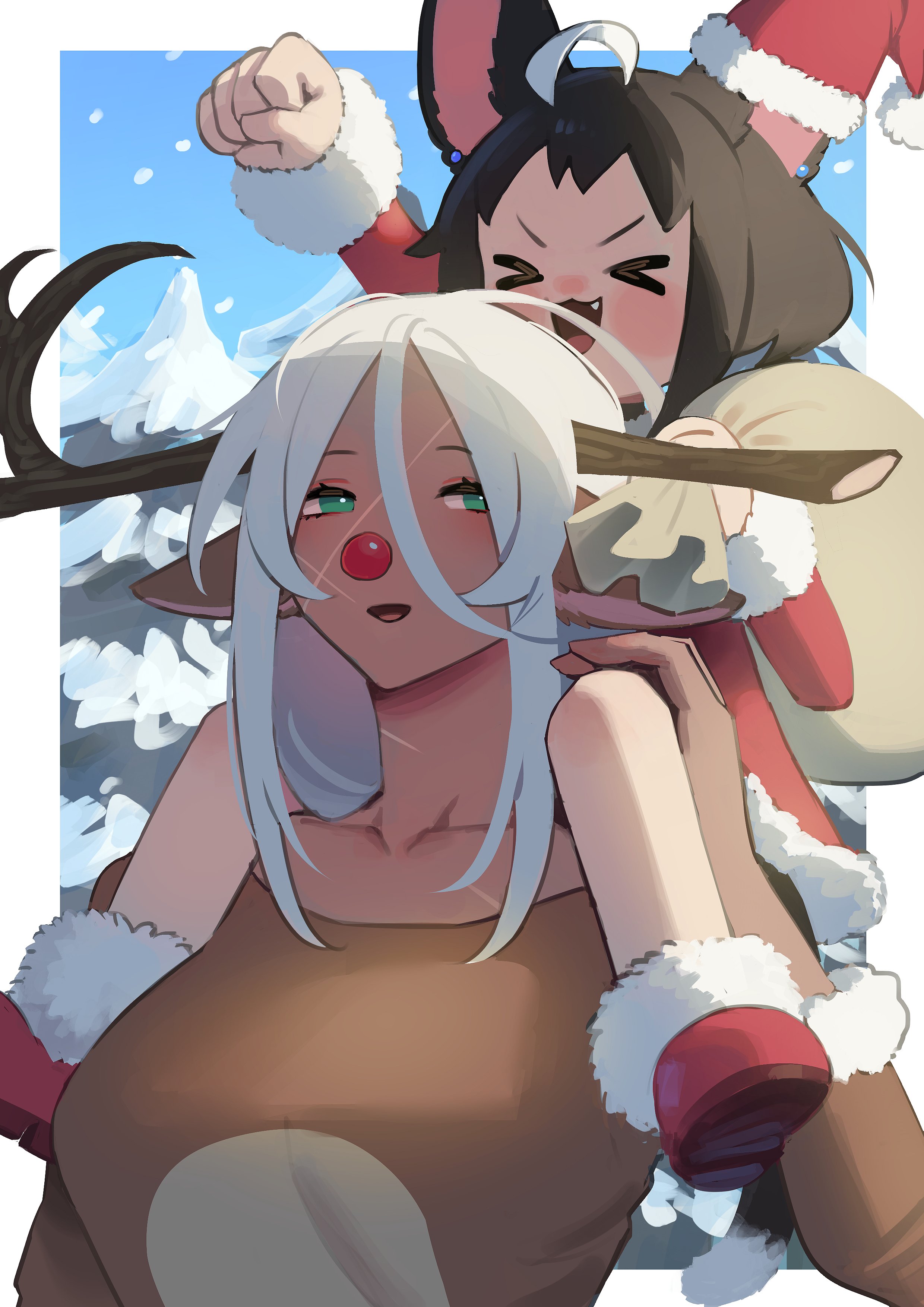 tostantan, original, absurdres, commentary, english commentary, highres, > <, 2girls, :3, :d, age difference, ahoge, animal ears, antlers, aqua eyes, bare legs, black hair, blush, breasts, broken antler, carrying, christmas, clenched hand, closed eyes, clown nose, collarbone, dark-skinned female, dark skin, day, deer antlers, deer ears, deer girl, deer teacher (tostantan), fang, fir tree, fur-trimmed headwear, fur-trimmed shoes, fur-trimmed sleeves, fur trim, hair between eyes, hat, horns, large breasts, long hair, long hair between eyes, long sleeves, mini hat, mini santa hat, multicolored hair, multiple girls, open mouth, outdoors, pom pom (clothes), red hat, red shoes, sack, santa costume, santa hat, scar, scar on face, shoes, short hair, shoulder carry, smile, snow, tree, two-tone hair, upper body, v-shaped eyebrows, white hair, x3, xd