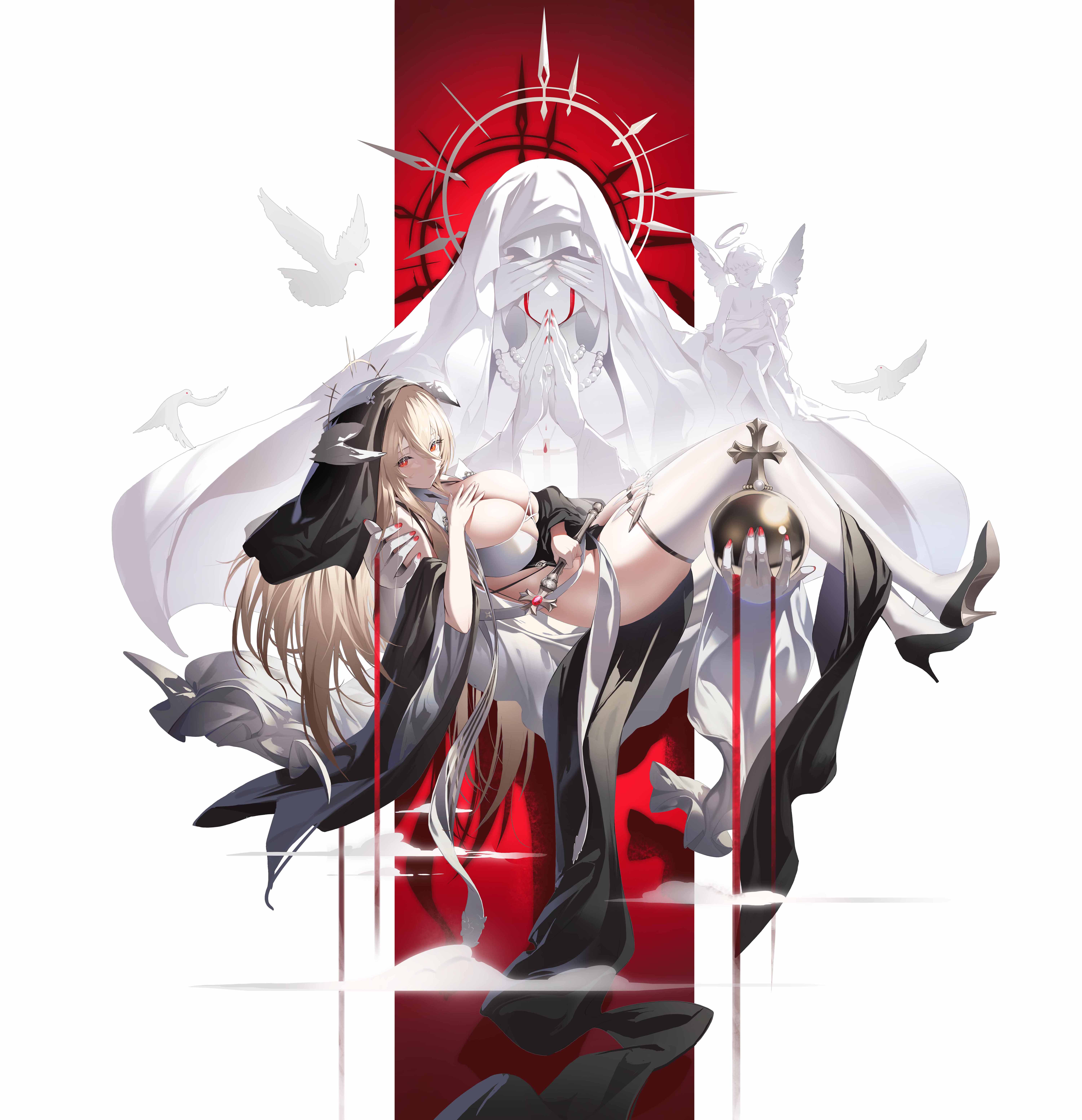 najiu jiao xiaolan ba, implacable (azur lane), azur lane, absurdres, chinese commentary, commentary request, highres, 1girl, 1other, bare shoulders, bird, black dress, black nails, black shoes, black veil, blonde hair, blood, blood on face, breasts, carrying, cleavage, dress, extra arms, fingernails, full body, hair between eyes, halo, hand on own chest, high heels, holding, holding globus cruciger, holding scepter, horns, huge breasts, legs, long fingernails, long hair, looking at viewer, nail polish, nun, princess carry, red background, red eyes, scepter, shoes, simple background, thighhighs, thighs, veil, white background, white horns, white thighhighs