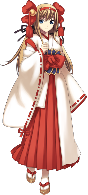 hirano katsuyuki, aurica nestmile, ar tonelico, ar tonelico i, cross edge, gust, official art, 00s, 1girl, alternate costume, blue eyes, bow, brown hair, female focus, full body, hair bow, hair ornament, hair ribbon, hakama, hakama skirt, japanese clothes, long hair, miko, red hakama, ribbon, sandals, skirt, solo, standing, transparent background