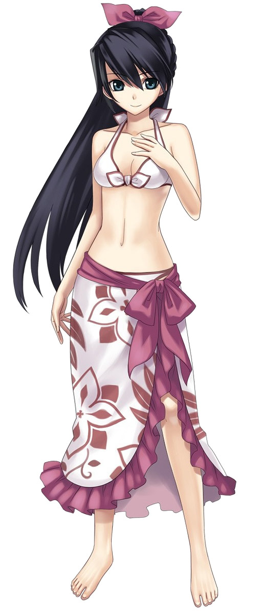 hirano katsuyuki, misha arsellec lune, ar tonelico, ar tonelico i, cross edge, gust, highres, official art, 00s, 1girl, alternate costume, barefoot, bikini, black hair, bow, breasts, cleavage, feet, female focus, front-tie top, full body, green eyes, hair bow, large breasts, long hair, sarong, solo, standing, swimsuit