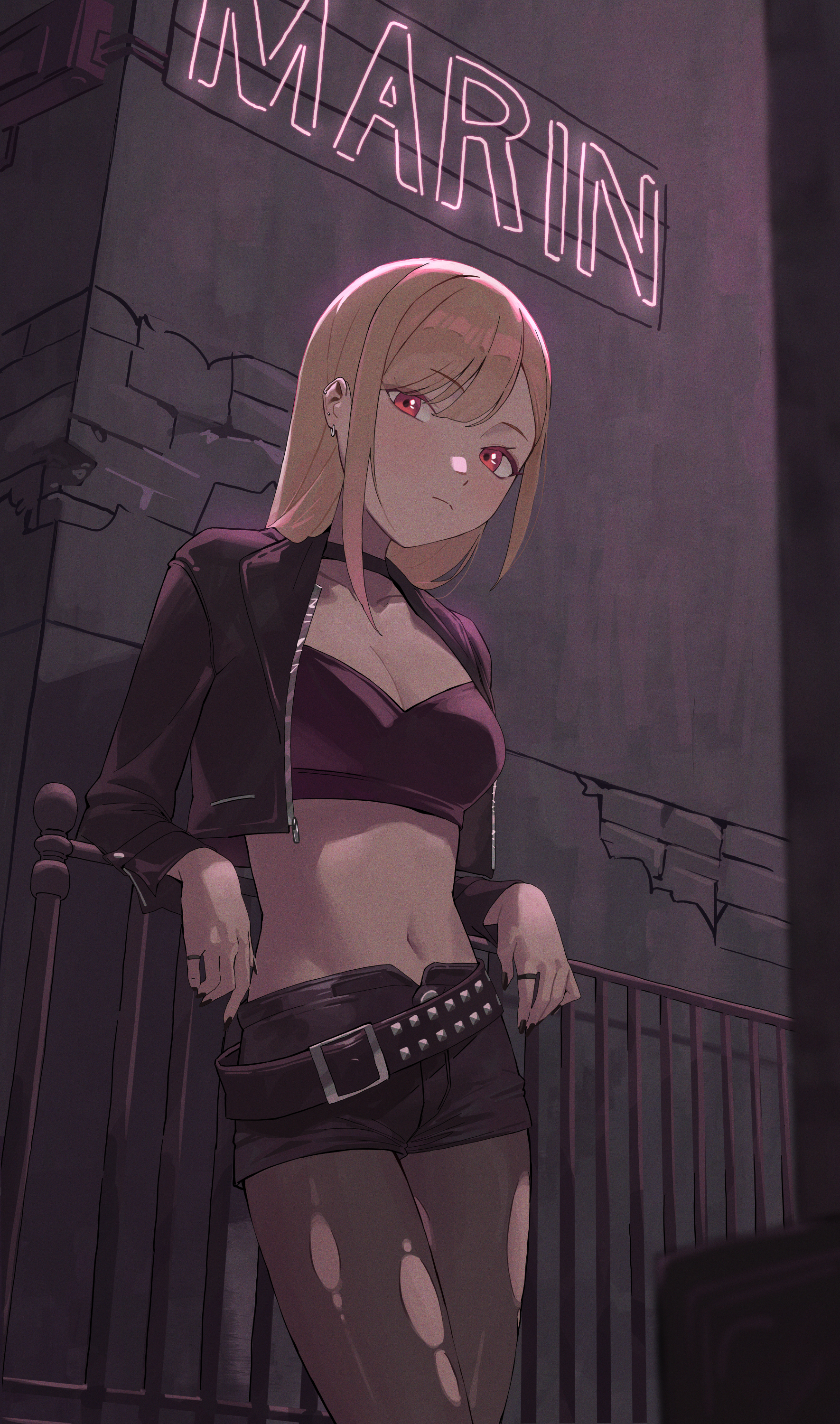 nmm, kitagawa marin, sono bisque doll wa koi wo suru, absurdres, commentary request, highres, 1girl, against railing, belt, black jacket, black shorts, blonde hair, breasts, character name, cleavage, closed mouth, cowboy shot, cropped jacket, cropped shirt, jacket, long hair, looking at viewer, midriff, pantyhose, railing, red eyes, shorts, solo, studded belt, torn clothes, torn pantyhose