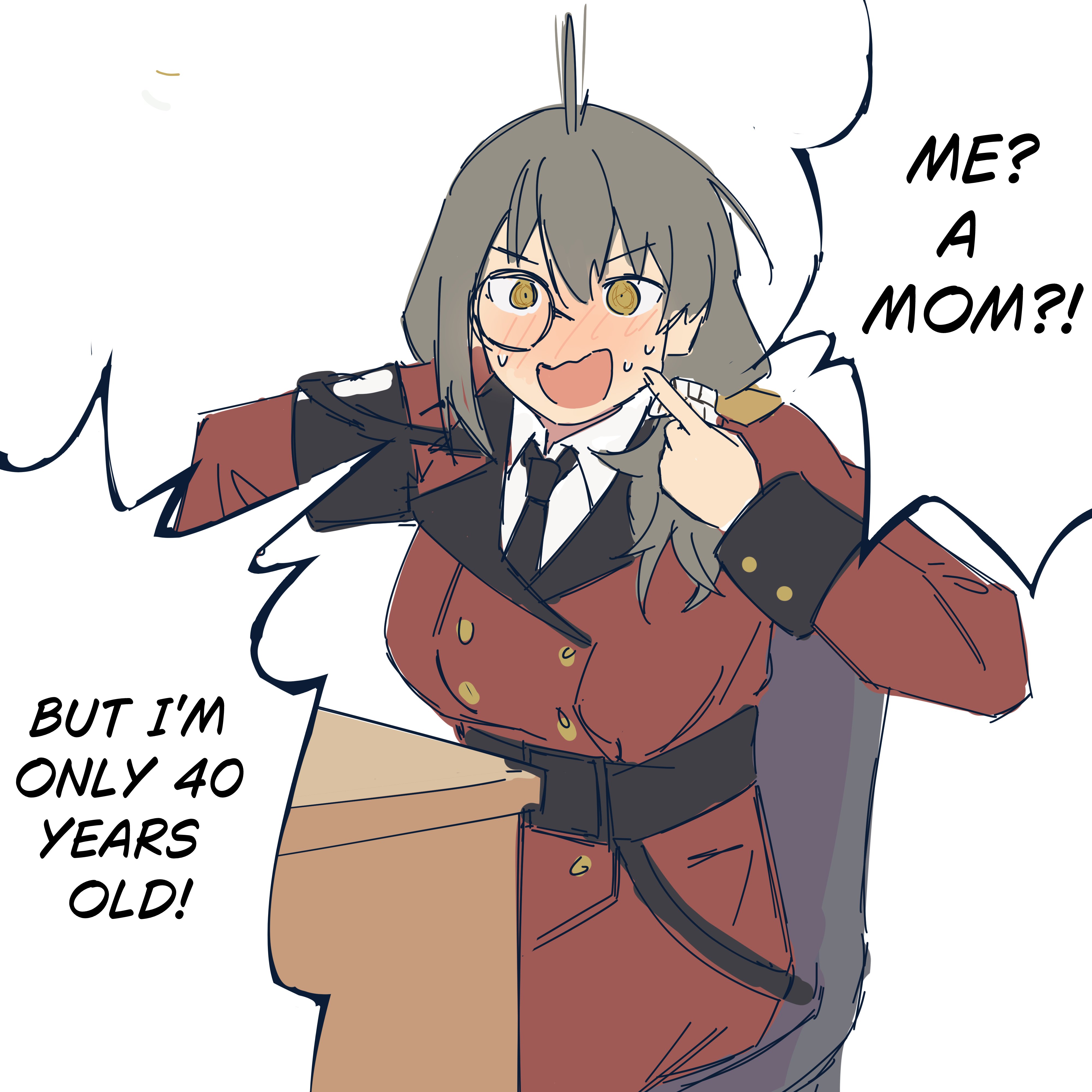 myticalcat, helianthus (girls' frontline), girls' frontline, absurdres, commentary, english commentary, highres, 1girl, armband, black armband, black necktie, blush, brown hair, coat, collared shirt, griffin & kryuger military uniform, hair ornament, hair scrunchie, long hair, looking at viewer, military coat, necktie, open mouth, pointing, pointing at self, red coat, scrunchie, shirt, simple background, sitting, solo, sweatdrop, table, white background, white scrunchie, white shirt, yellow eyes