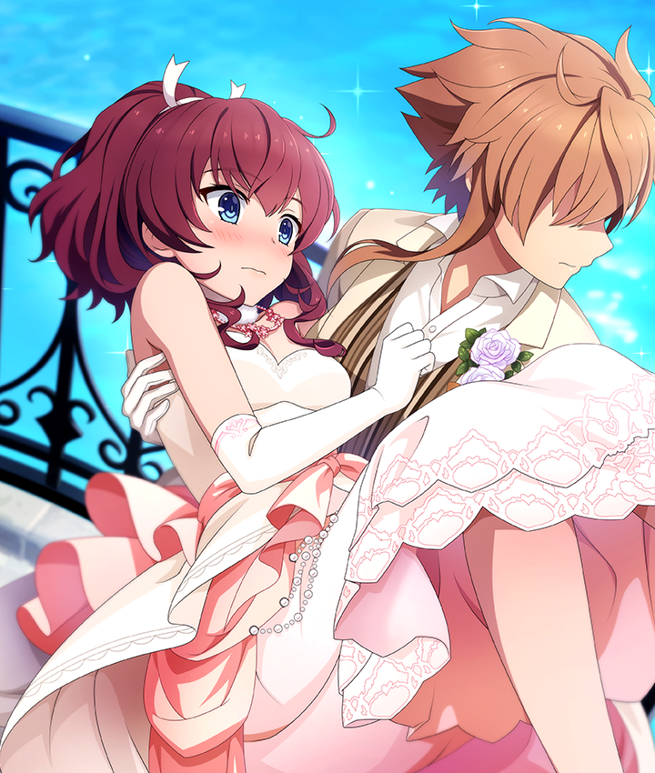konohana suzuka, shidou maki (toji no miko), toji no miko, toji no miko: kizamishi issen no tomoshibi, game cg, official art, third-party source, 2girls, averting eyes, bare shoulders, blue eyes, blush, breasts, brown shirt, carrying, closed mouth, corsage, covered eyes, dress, elbow gloves, flower, formal clothes, gloves, hair ribbon, high ponytail, jacket, jewelry, medium breasts, multiple girls, necklace, nose blush, open clothes, open jacket, orange hair, outdoors, pink skirt, ponytail, princess carry, purple flower, purple rose, railing, red hair, ribbon, rose, shirt, short hair, short hair with long locks, short ponytail, sidelocks, skirt, sparkle, spiked hair, strapless, strapless dress, striped clothes, striped shirt, suit, vertical-striped clothes, vertical-striped shirt, water, wedding dress, white dress, white gloves, white jacket, white ribbon, white suit, yuri