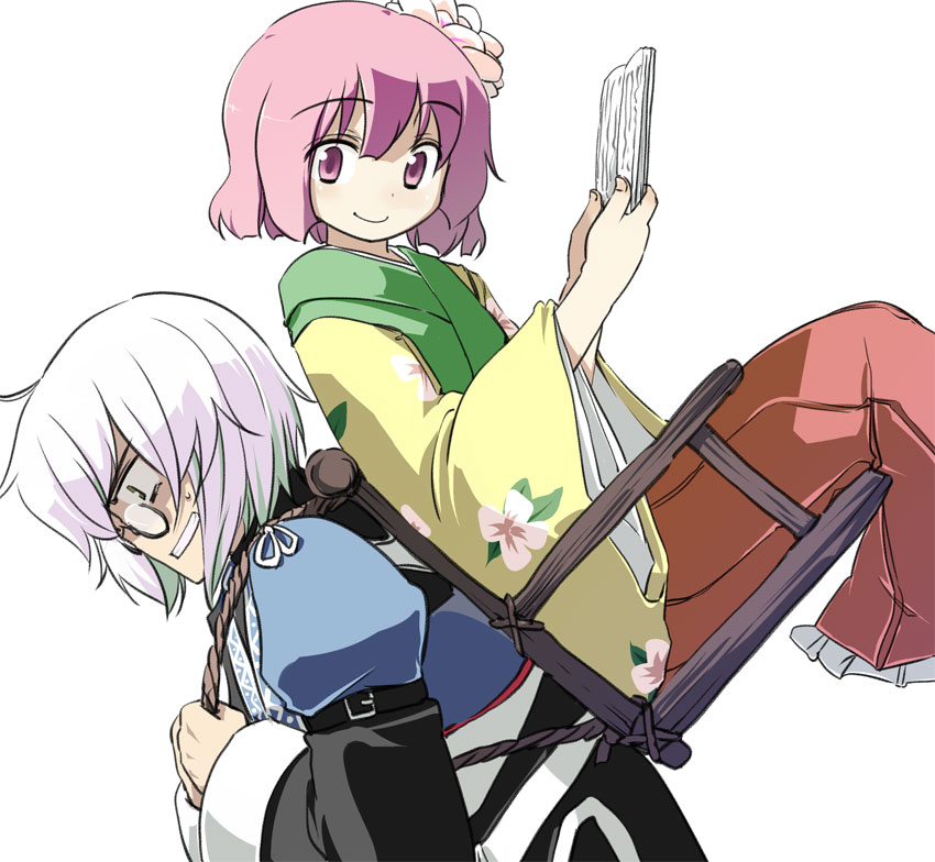 hota, hieda no akyuu, morichika rinnosuke, touhou, 1boy, 1girl, ahoge, floral print, flower, frilled skirt, frills, glasses, hair flower, hair ornament, hakama, hakama skirt, japanese clothes, long sleeves, lying, on back, plant, puffy long sleeves, puffy sleeves, purple eyes, purple hair, red hakama, rope, short hair, simple background, sitting, skirt, smile, upper body, white background, white hair, wide sleeves