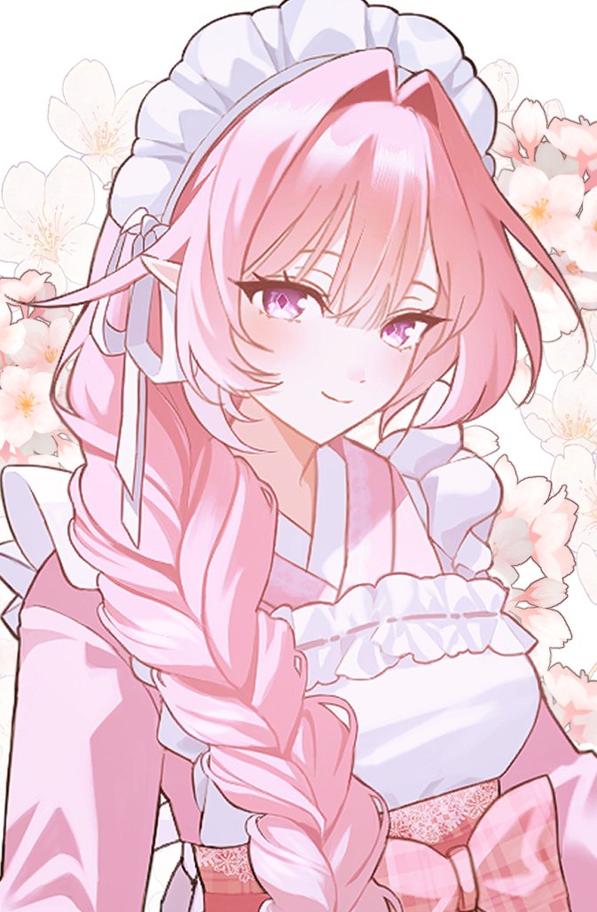 1owo owo1, cyrene (demiurge) (honkai: star rail), cyrene (honkai: star rail), honkai: star rail, honkai (series), commentary, cropped, hashtag-only commentary, 1girl, alternate costume, alternate hairstyle, braid, cherry blossoms, diamond-shaped pupils, diamond (shape), flower, frills, japanese clothes, kimono, looking at viewer, maid headdress, pink eyes, pink hair, pointy ears, side braid, solo, symbol-shaped pupils, white background, white headdress, yukata