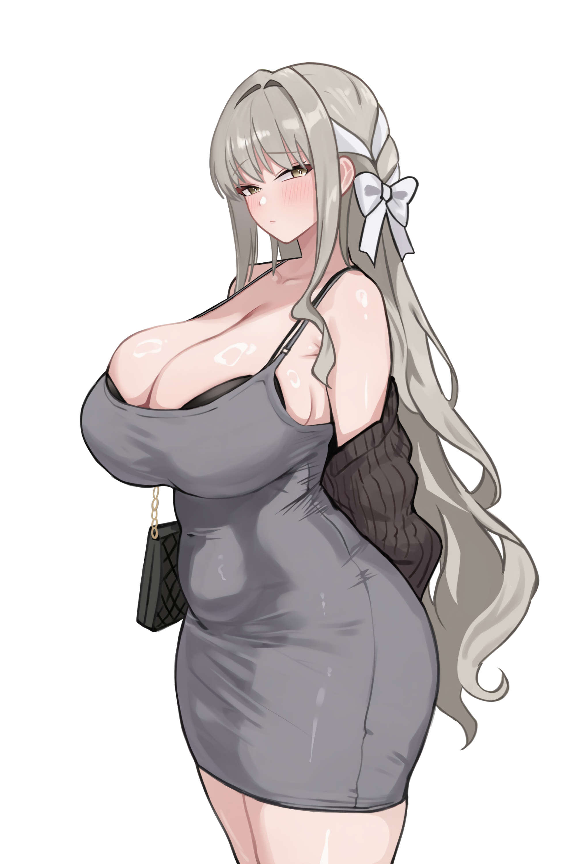 erufura, miyo (blue archive), blue archive, absurdres, highres, 1girl, aged up, alternate breast size (larger), bag, bare shoulders, black bra, blush, bow, bra, breasts, brown eyes, brown hair, brown sweater, cleavage, collarbone, covered navel, cowboy shot, curvy, dongtan dress, dress, grey dress, hair bow, large breasts, long hair, looking at viewer, multicolored hair, no halo, plump, shiny skin, shoulder bag, solo, standing, streaked hair, sweater, underwear, wavy hair, wavy sidelocks, white background, white hair