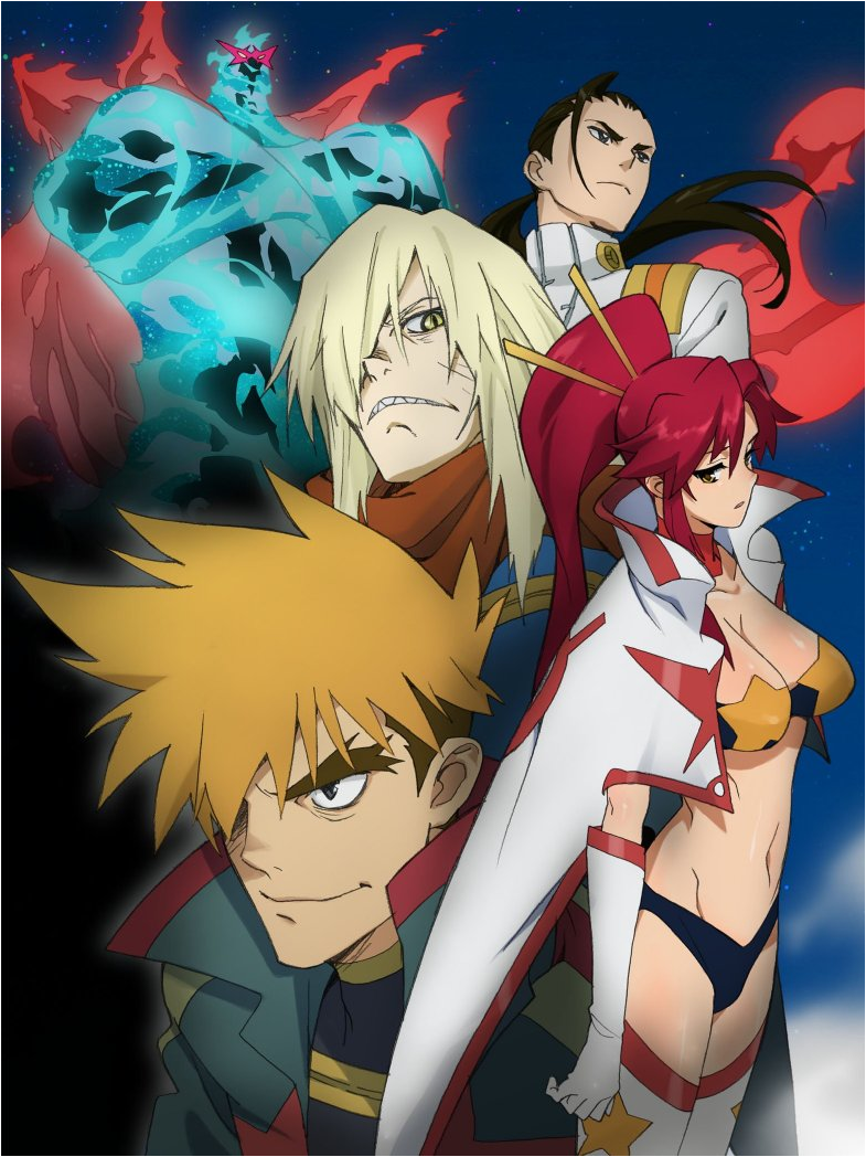 nishigori atsushi, chou tengen toppa gurren-lagann, kittan bachika, rossiu adai, space yoko, viral (ttgl), yoko littner, tengen toppa gurren lagann, tengen toppa gurren lagann: lagann-hen, official art, scan, 00s, 1girl, 3boys, black eyes, blonde hair, breasts, brown hair, choker, chopsticks, cleavage, cover, gloves, high boots, large breasts, mecha, midriff, multiple boys, ponytail, red hair, robot, scarf, sharp teeth, space, spiral power, star (symbol), super robot, teeth, thighhighs, yellow eyes