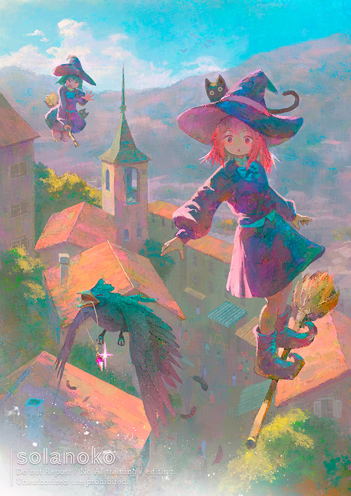 solanoko, original, commentary request, 2girls, :o, animal, artist name, bird, black cat, blue bow, blue bowtie, boots, bow, bowtie, broom, broom riding, brown boots, cat, closed eyes, crow, day, dress, full body, green hair, hat, house, long sleeves, multiple girls, open mouth, outdoors, pink eyes, pink hair, pointy boots, purple dress, purple hat, short hair, standing, watermark, witch, witch hat
