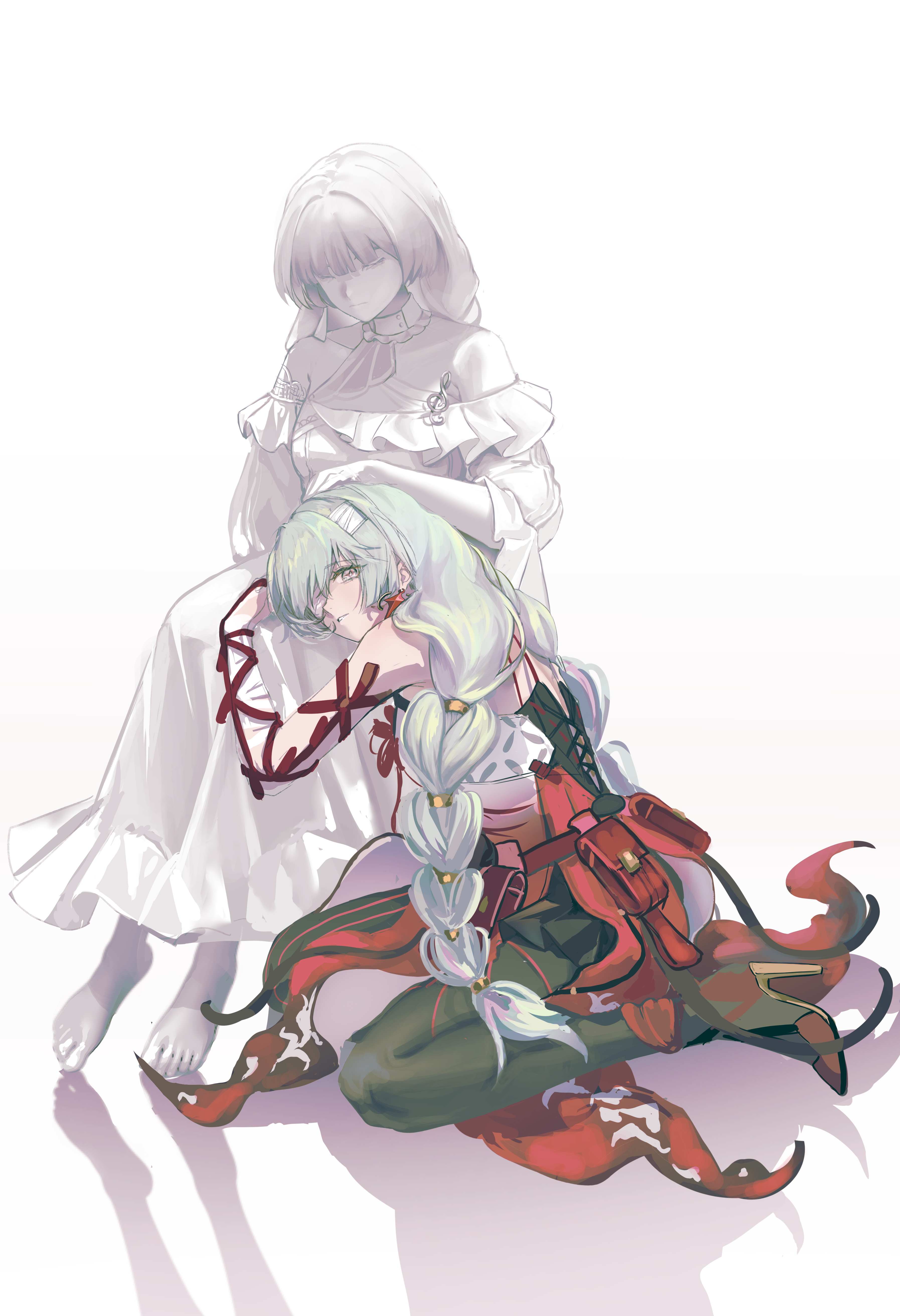 minglu (gululu), phrolova (wuthering waves), wuthering waves, absurdres, chinese commentary, commentary request, highres, 2girls, bandage over one eye, bandaged arm, bandages, barefoot, black pantyhose, black skirt, braid, dress, dual persona, earrings, full body, gradient background, grey eyes, grey hair, head rest, headpat, high heels, jewelry, long hair, looking at viewer, low twin braids, multiple girls, musical note ornament, pantyhose, parted lips, red dress, simple background, sitting, skirt, twin braids, very long hair, white background