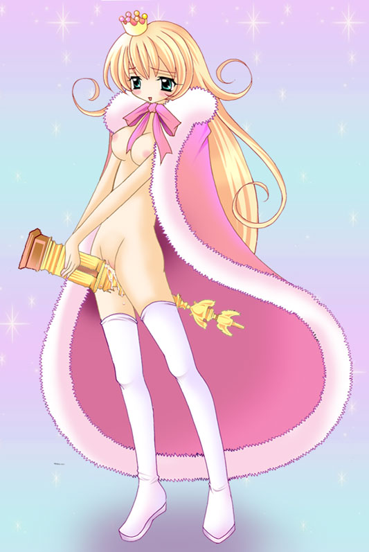 1girl, blonde hair, blush, breasts, cape, crotch rub, crown, female focus, female masturbation, green eyes, long hair, masturbation, princess, pussy, pussy juice, ribbon, rubbing, smile, solo, trophy, very long hair