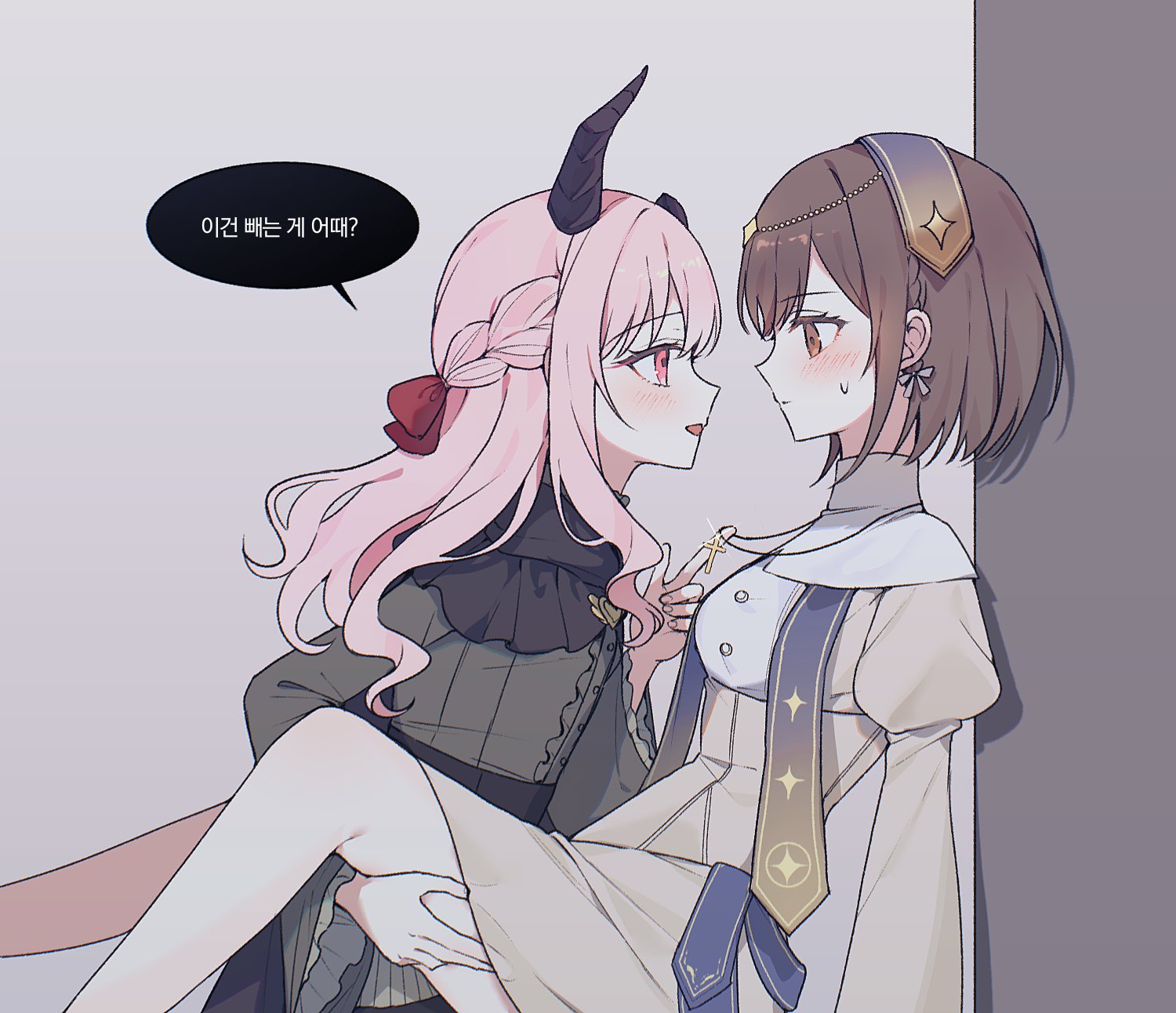 vmtpzk, akiyama mizuki, shinonome ena, boku no ashiato kimi no yukusaki (project sekai), project sekai, hashtag-only commentary, highres, asymmetrical horns, blush, bow, brown eyes, brown hair, grey background, hand on another's thigh, horns, korean text, long eyelashes, looking at another, official alternate costume, official alternate hairstyle, pink eyes, pink hair, red bow, speech bubble, sweat