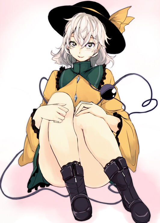 takaharu, komeiji koishi, touhou, silver hair, bad id, bad pixiv id, 1girl, female focus, gradient background, green eyes, hat, short hair, solo, white background