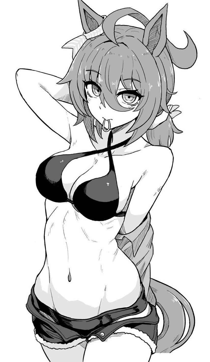 okitsugu, agnes tachyon (lunatic lab) (umamusume), agnes tachyon (umamusume), umamusume, commentary request, highres, 1girl, ahoge, animal ears, arm behind back, arm behind head, bikini, bow, breasts, cleavage, collarbone, cowboy shot, criss-cross halter, ear ribbon, greyscale, hair between eyes, hair tie in mouth, halterneck, horse ears, horse girl, horse tail, huge ahoge, jacket, looking at another, looking at viewer, medium breasts, medium hair, micro shorts, monochrome, mouth hold, navel, shorts, simple background, solo, stomach, swimsuit, tail, tying hair, white background