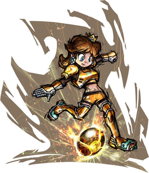 princess daisy, mario (series), mario strikers (series), mario strikers charged, nintendo, armor, ball, blue eyes, brown hair, crown, earrings, jewelry, midriff