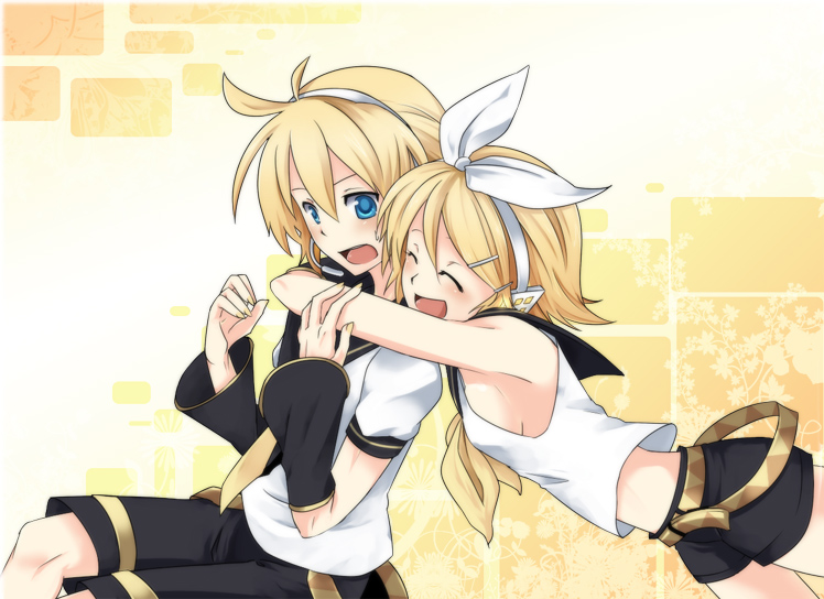 mitsuru (pipi2001), mitsuru (pixiv7098), kagamine len, kagamine rin, vocaloid, bad id, bad pixiv id, 1boy, 1girl, arm around neck, blonde hair, blue eyes, breasts, brother and sister, hair ornament, hair ribbon, hairclip, headphones, headset, hetero, hug, hug from behind, ribbon, short hair, shorts, siblings, sideboob, small breasts, smile, sweatdrop, twins