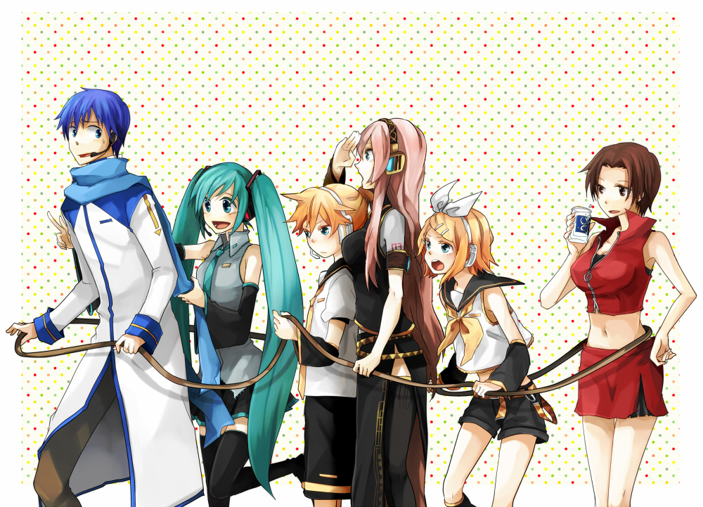 tama (songe), hatsune miku, kagamine len, kagamine rin, kaito (vocaloid), megurine luka, meiko (vocaloid), vocaloid, 2boys, 4girls, aqua eyes, aqua hair, blonde hair, blue eyes, blue hair, brown eyes, brown hair, detached sleeves, hair ornament, hair ribbon, hairclip, headphones, long hair, midriff, multiple boys, multiple girls, navel, necktie, one cup, pink hair, ribbon, short hair, shorts, skirt, smile, string, sweatdrop, thighhighs, twintails, v, zettai ryouiki