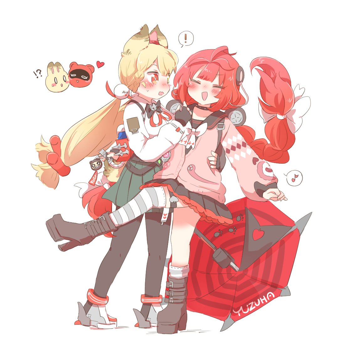 rebecca (keinelove), alice thymefield, ukinami yuzuha, zenless zone zero, commentary request, !, !?, 2girls, :d, asymmetrical legwear, black boots, black choker, black gloves, black pantyhose, black sailor collar, black skirt, blonde hair, blush, boots, bow, bowtie, braid, choker, closed eyes, collared shirt, fingerless gloves, full body, gloves, green skirt, grey shoes, grey socks, grey thighhighs, hair bow, hair ornament, long hair, long sleeves, low twintails, miniskirt, multiple girls, musical note, open mouth, pantyhose, pink sweater, pleated skirt, red eyes, red hair, sailor collar, shirt, shoes, simple background, single sock, single thighhigh, skirt, smile, socks, sphere hair ornament, spoken exclamation mark, spoken musical note, standing, standing on one leg, sweater, thighhighs, twin braids, twintails, uneven legwear, white background, white bow, white bowtie, white shirt