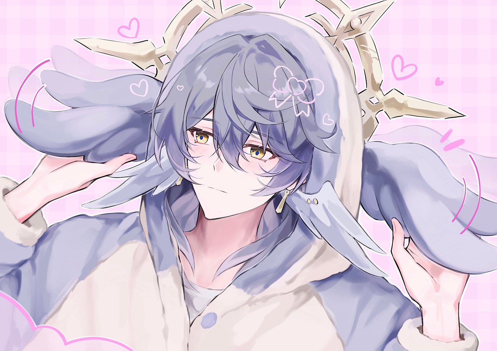 chocopie 97, sunday (honkai: star rail), honkai: star rail, honkai (series), highres, alternate costume, blue hair, earrings, gold earrings, halo, halo behind head, head wings, heart, hood, jewelry, looking to the side, onesie, pink background, winged hood, wings, yellow eyes