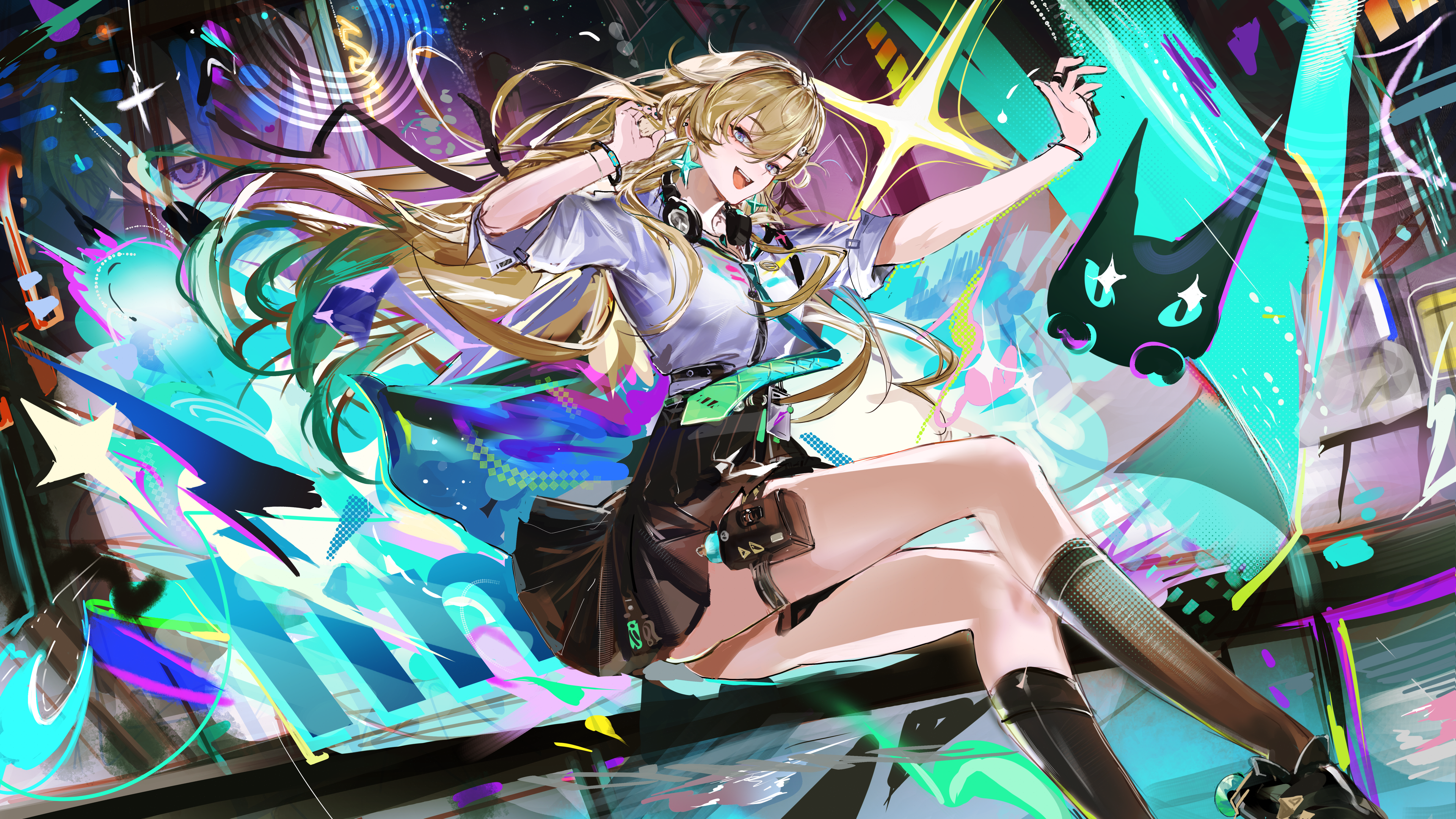 lynae (wuthering waves), wuthering waves, absurdres, chinese commentary, commentary request, highres, 1girl, aqua necktie, black skirt, black socks, blonde hair, blue eyes, breasts, earrings, from side, graffiti, hair between eyes, headphones, headphones around neck, jewelry, long hair, looking at viewer, looking to the side, medium breasts, necktie, open mouth, san zui xiaolian mo, shirt, shirt tucked in, skirt, smile, socks, solo, star (symbol), star earrings, white shirt