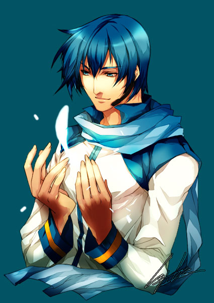 hiryuu, kaito (vocaloid), vocaloid, bad id, bad pixiv id, 1boy, blue eyes, blue hair, blue scarf, male focus, matching hair/eyes, scarf, signature, simple background, smile, solo, upper body