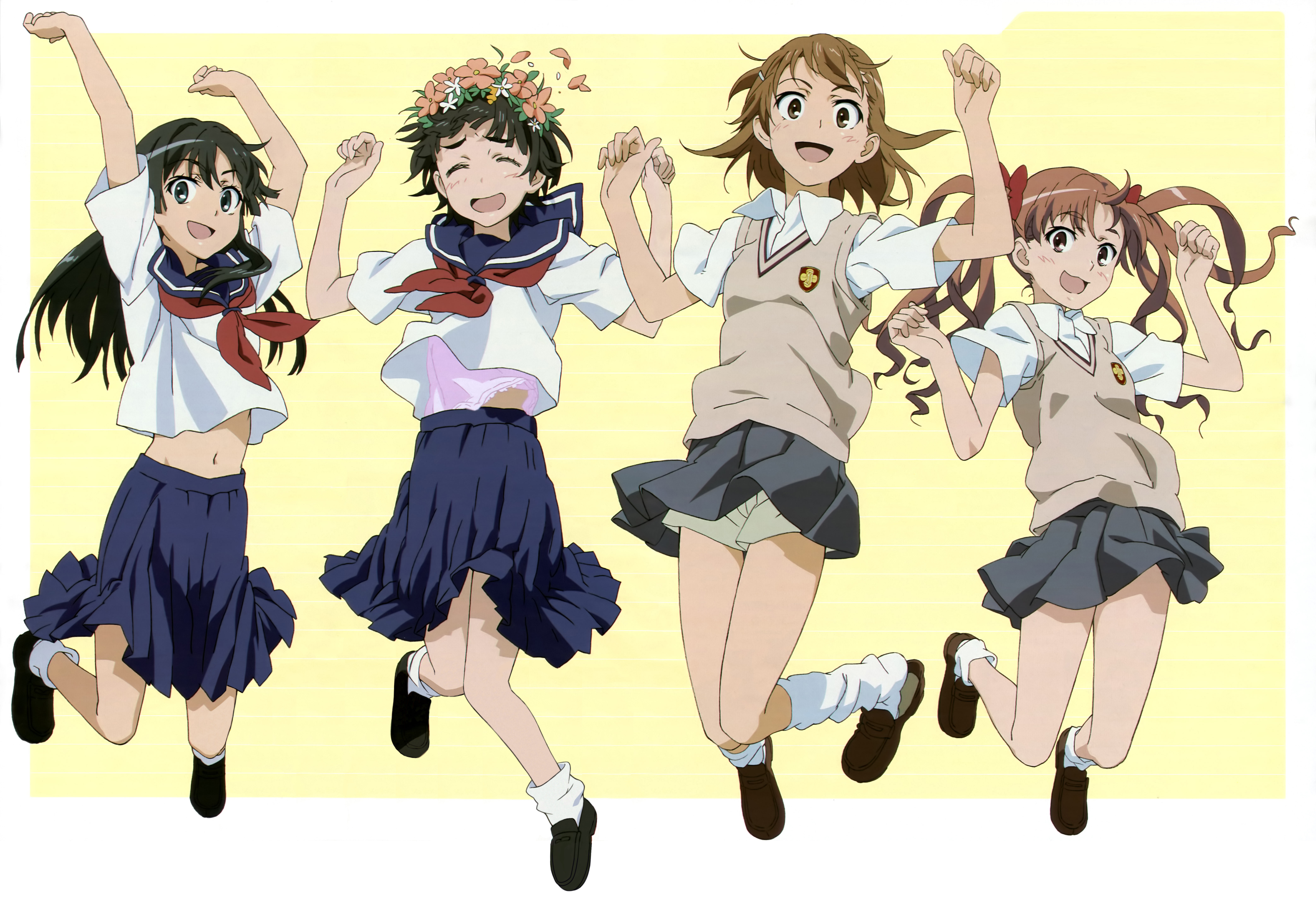 yamashita yuu, misaka mikoto, saten ruiko, shirai kuroko, uiharu kazari, toaru kagaku no railgun, toaru majutsu no index, absurdres, detexted, highres, non-web source, third-party edit, 00s, 4girls, black eyes, black hair, bow, brown eyes, brown hair, closed eyes, flower, hair bow, hair flower, hair ornament, head wreath, long hair, midriff, multiple girls, navel, school uniform, serafuku, short hair, shorts, skirt, socks, twintails, upskirt