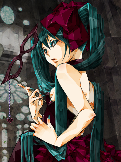 sakura (superbunnys), hatsune miku, vocaloid, 1girl, aqua eyes, aqua hair, aqua nails, bare shoulders, dress, female focus, glasses, hair ribbon, lips, long hair, looking back, mask, nail polish, red dress, ribbon, solo, twintails