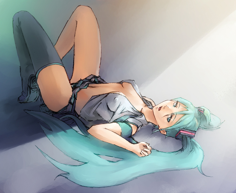 ikuyoan, hatsune miku, vocaloid, 1girl, aqua eyes, aqua hair, breasts, covered erect nipples, female focus, long hair, lying, on back, open clothes, open shirt, panties, pantyshot, shirt, single thighhigh, sketch, skirt, small breasts, solo, thighhighs, twintails, underwear, upskirt, very long hair