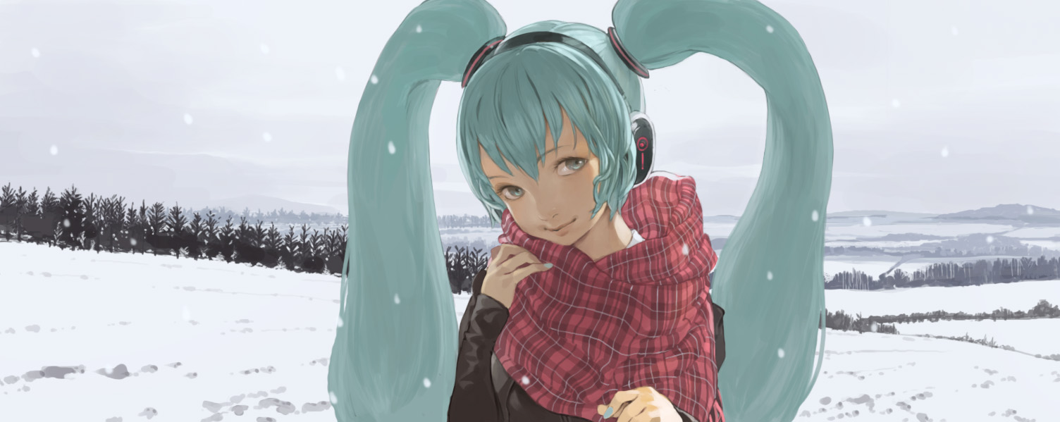 toro (konirio), hatsune miku, vocaloid, 1girl, aqua eyes, aqua hair, female focus, long hair, realistic, scarf, scenery, smile, snow, solo, twintails