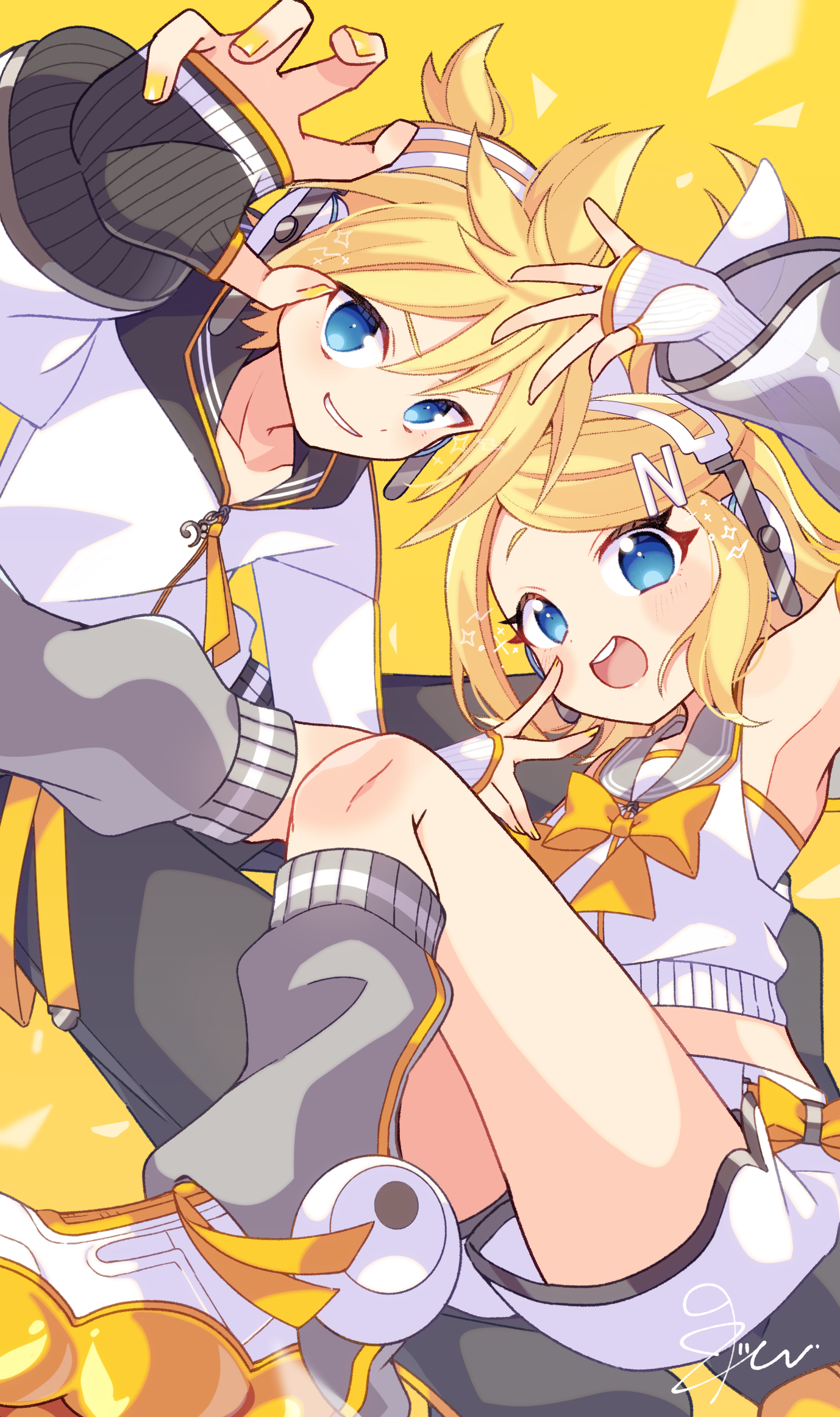 kusunokimizuha, kagamine len, kagamine rin, vocaloid, commentary, highres, 1boy, 1girl, :d, arm warmers, armpits, bare shoulders, blonde hair, blue eyes, bow, bowtie, brother and sister, double-parted bangs, fingerless gloves, gloves, grey sailor collar, grey socks, hair between eyes, jacket, kneehighs, looking at viewer, open mouth, parted bangs, sailor collar, shirt, shoes, short hair, short shorts, shorts, siblings, sleeveless, sleeveless shirt, sleeves past wrists, smile, socks, twins, white gloves, white jacket, white shirt, white shoes, white shorts, yellow background, yellow bow, yellow bowtie