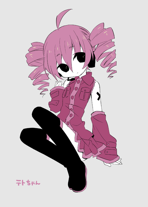 kona, kona (canaria), kasane teto, kasane teto (utau), utau, vocaloid, bad id, bad pixiv id, 1girl, ahoge, black eyes, detached sleeves, drill hair, female focus, headphones, headset, red hair, simple background, sitting, skirt, solo, thighhighs, twin drills, twintails