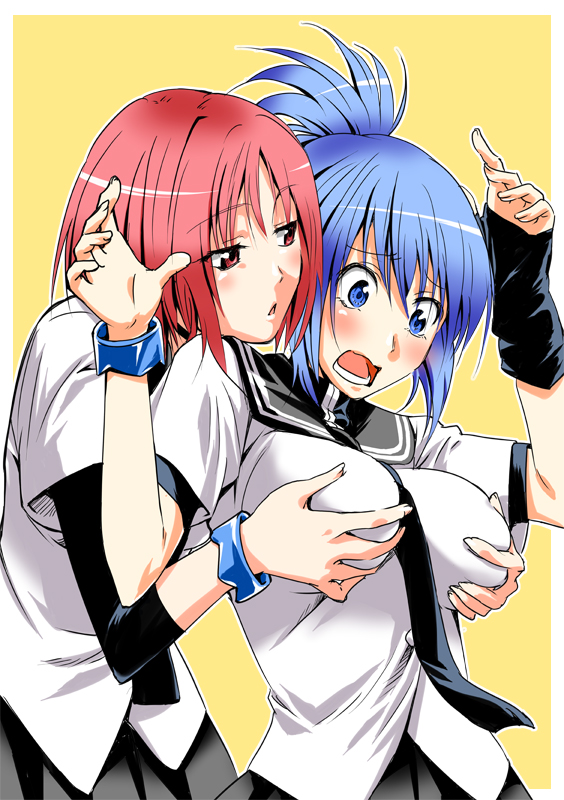 marumi, mishima akane, senou natsuru, kampfer, 00s, 2girls, blue eyes, blue hair, blush, breasts, genderswap, genderswap (mtf), grabbing another's breast, groping, large breasts, multiple girls, red eyes, red hair, school uniform, yuri