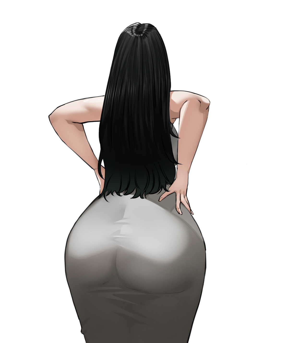 bellone, original, commentary, highres, 1girl, ass, bare arms, black hair, dongtan dress, dress, facing away, fingernails, from behind, grey dress, hands on own hips, long hair, simple background, sleeveless, sleeveless dress, solo, straight hair, very long hair, white background, wide hips
