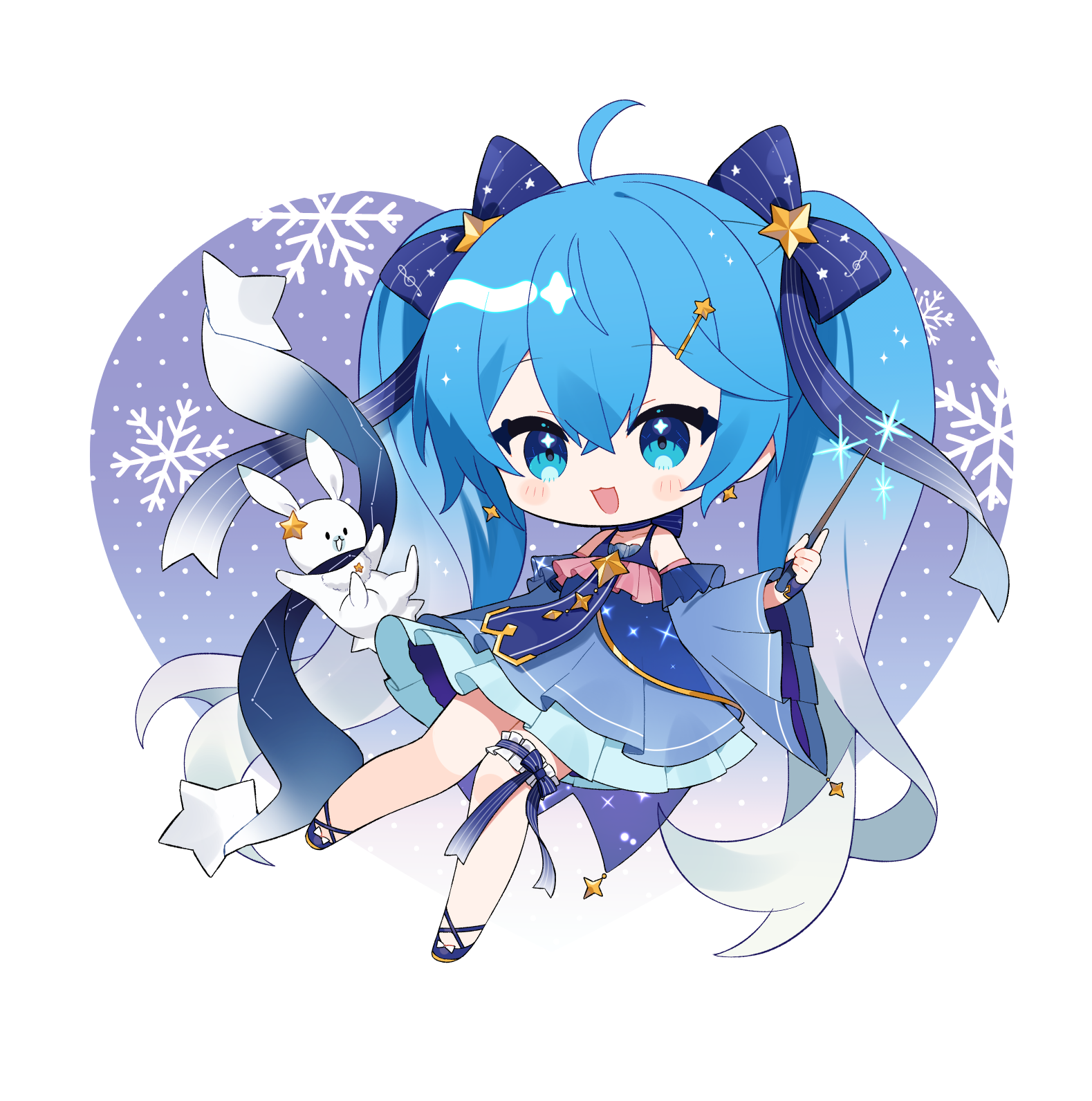 tyazakura sayu, hatsune miku, rabbit yukine, yuki miku, yuki miku (2017), vocaloid, commentary request, highres, 1girl, :3, :d, ahoge, bare shoulders, blue bow, blue dress, blue eyes, blue hair, blue shoes, blue sleeves, blush stickers, bow, chibi, chibi only, crossed bangs, detached sleeves, double-parted bangs, dress, frilled thigh strap, full body, hair between eyes, hair ornament, long hair, long sleeves, open mouth, rabbit, shoes, sleeveless, sleeveless dress, smile, star (symbol), star hair ornament, striped bow, thigh strap, twintails, very long hair, wide sleeves