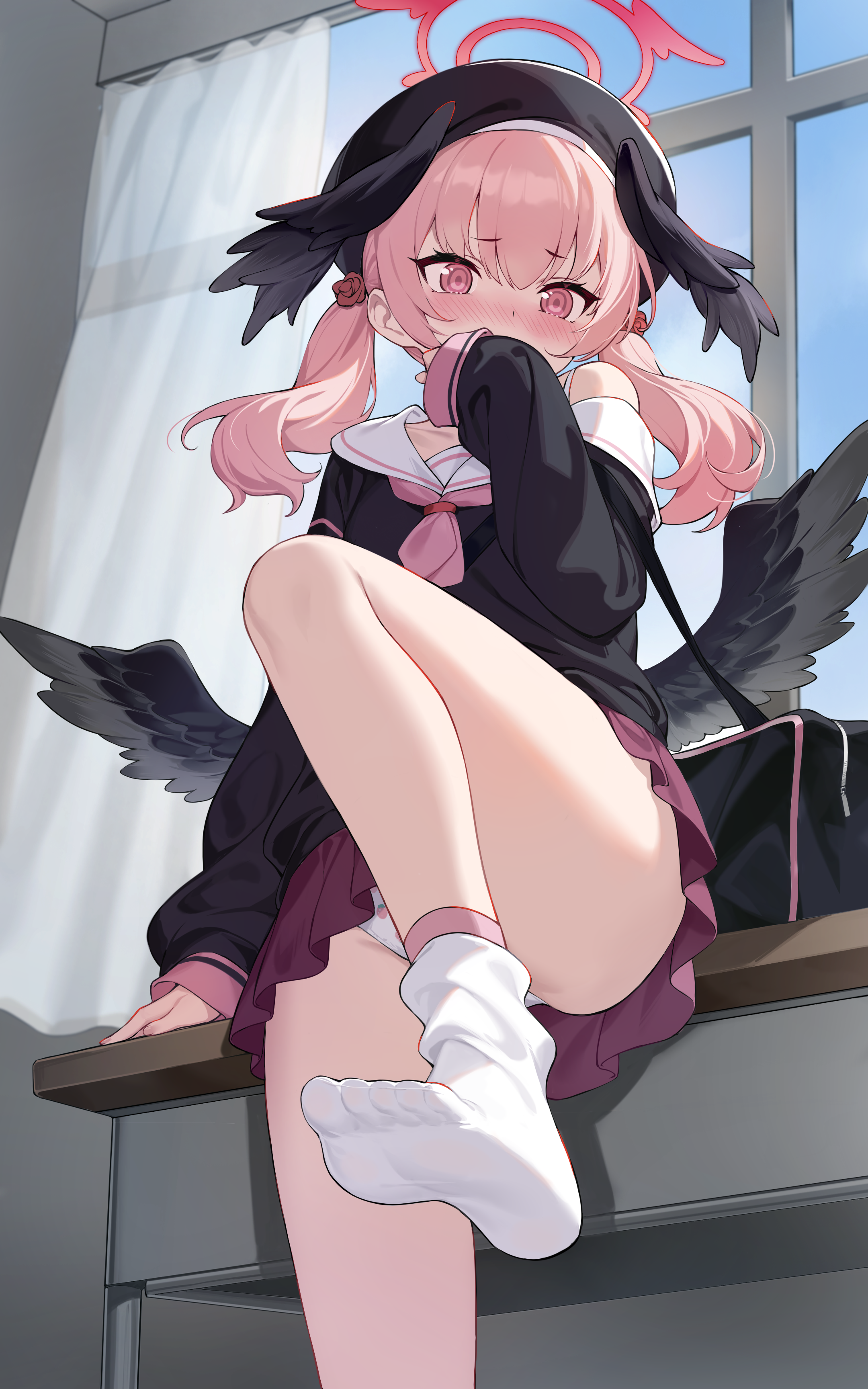 hongchajun, koharu (blue archive), blue archive, absurdres, commentary, highres, 1girl, beret, black hat, black wings, blush, classroom, covering own mouth, feathered wings, food print, from below, fruit print, hair ornament, halo, hat, head wings, indoors, leg up, long hair, long sleeves, looking at viewer, low wings, miniskirt, panties, pantyshot, pink eyes, pink hair, red skirt, shirt, skirt, sleeves past wrists, socks, solo, standing, standing on one leg, strawberry print, thighs, twintails, underwear, white panties, white socks, wings