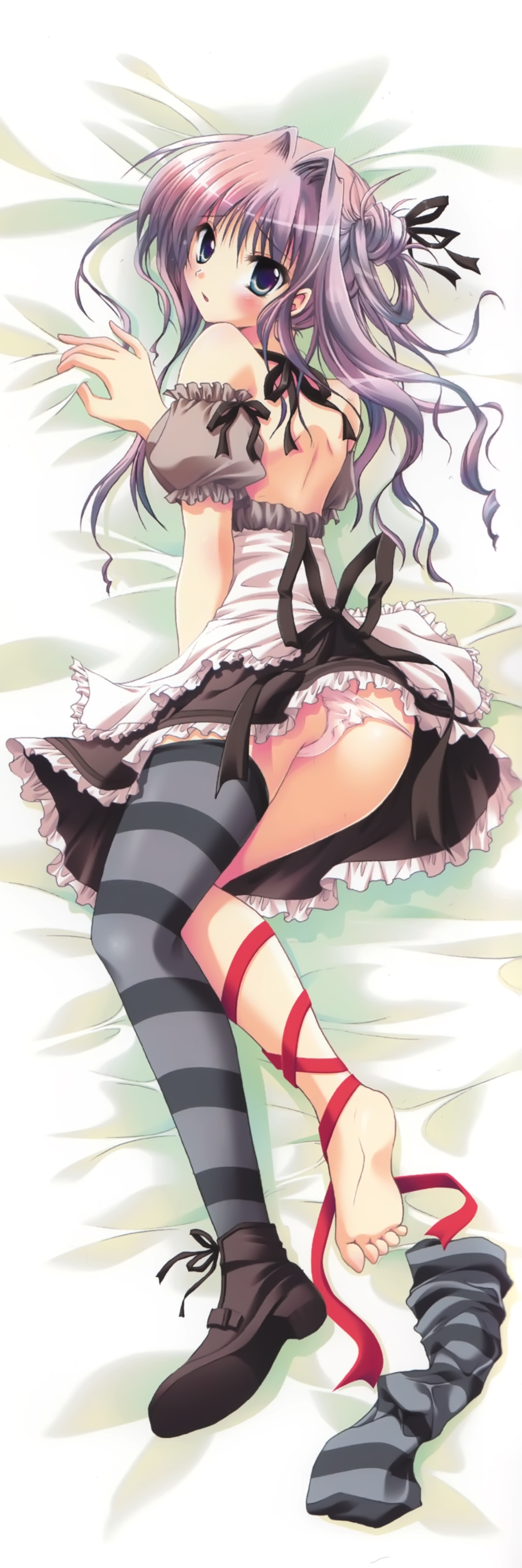 izumi tsubasu, sakurazawa izumi, absurdres, copyright request, highres, long image, tall image, 1girl, bare shoulders, barefoot, butt crack, dakimakura (medium), feet, female focus, full body, leg ribbon, legs, panties, ribbon, shoes, single shoe, single thighhigh, soles, solo, thighhighs, toes, underwear