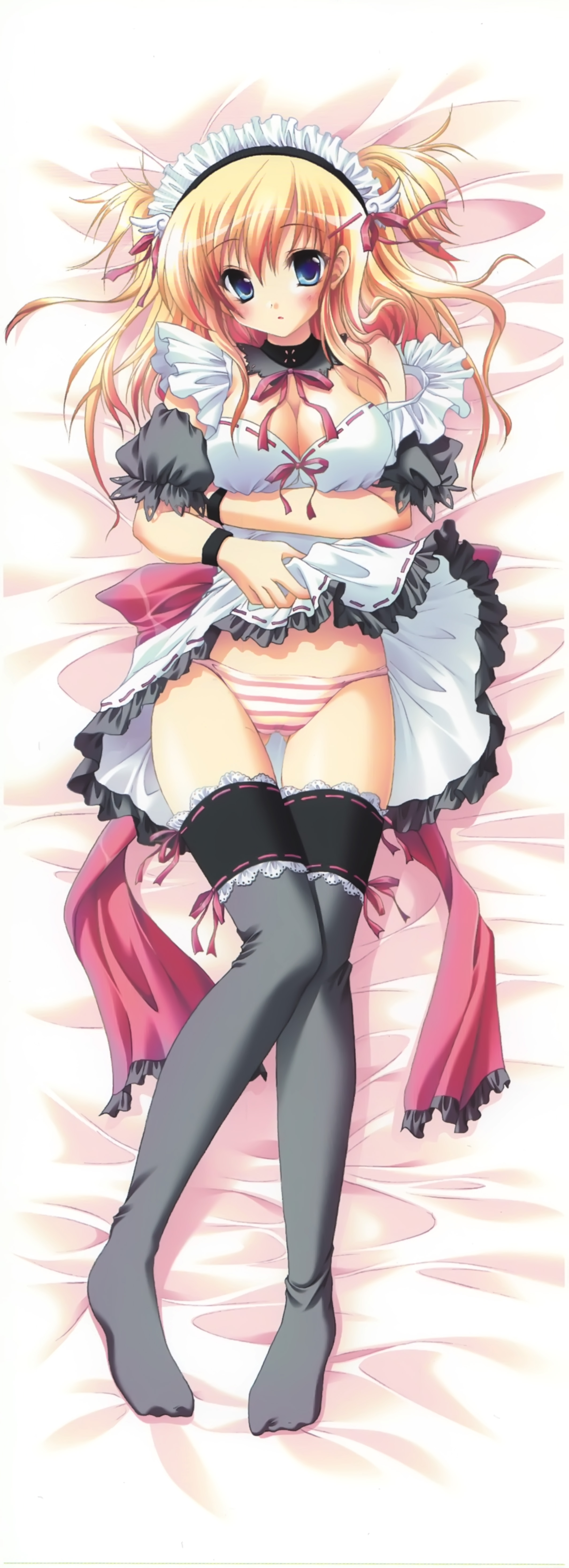 izumi tsubasu, sakurazawa izumi, absurdres, copyright request, highres, long image, tall image, 1girl, dakimakura (medium), feet, female focus, full body, maid, no shoes, panties, ribbon, solo, thigh gap, thighhighs, thighs, underwear