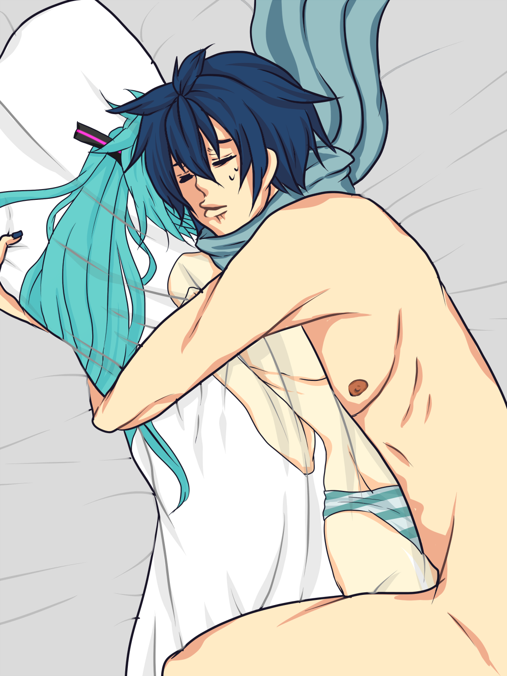miyabi miu, hatsune miku, kaito (vocaloid), vocaloid, bad id, bad piapro id, highres, 1boy, 1girl, blue hair, dakimakura (object), female focus, hetero, hugging object, lonely, lying, male focus, nude, on side, pillow, pillow hug, solo, sweat